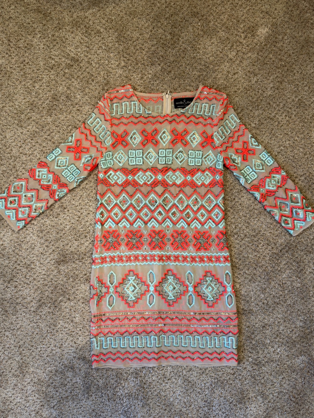Needle & Thread Coral and Aqua Embroidered Shift Dress